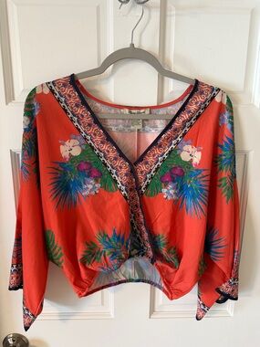 Flying Tomato Tropical Floral Boho V-Neck Cropped Top Orange Kimono Sleeve XS